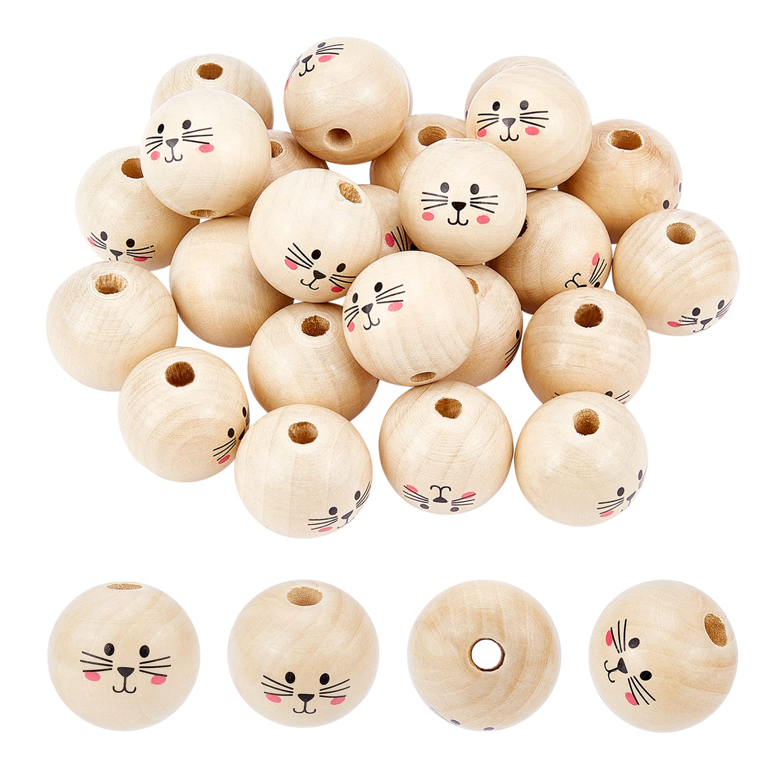 SUPERFINDINGS 30Pcs 30mm Natural Smile Face Wood Beads Wood Craft Beads Loose Spacer Lovely Beads Doll Head Spacer Beads for DIY Jewelry Bracelet Necklace Craft Making