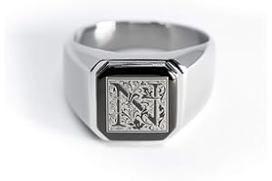 Tioneer Jewelry | Stainless Steel Letter Alphabet Initial Ring | Square Flat Top Ring for Men & Women | Stainless Steel Jewelry, (Black, Gold, Silver), Size 7-16