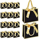EQOREIIN 50 PCS Small Gift Bags with Handles,Black Mini Bag, 5.5x 2.5x4.7 Inches Small Thank You Gift Bags Bulk with Ribbon for Party Favors,Mother's Day,Baby Shower, Goodie, Weddings(Black Gold)