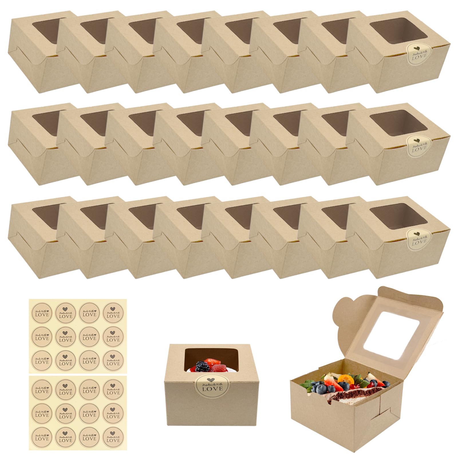 24 PCS Cupcake Boxes with Windows, Cake Boxes for Cake Portions 10*10*6cm with 24 Stickers,Small Baking Boxes,Cupcake Boxes Single for Cupcakes Desserts Pastries Candy Pies & Gifts (Brown)