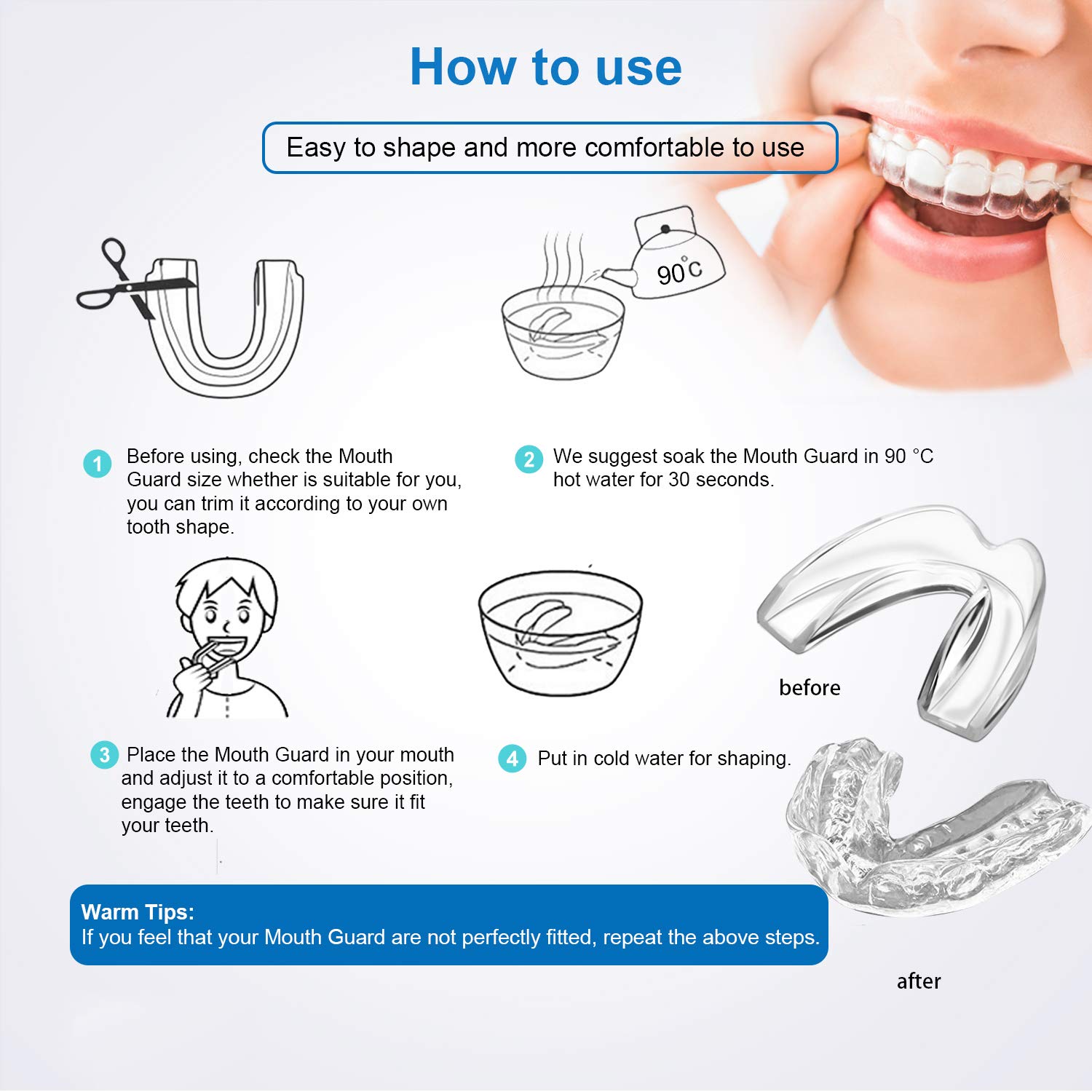 Kids Mouth Guard for Grinding Teeth, Pack of 4 Night sleep Teeth Guards, Eliminates TMJ & Teeth Clenching, Stops Bruxism, Teeth Whitening Tray, Sport Athletic Mouth Guard (kid Size only fit for kids) : Beauty
