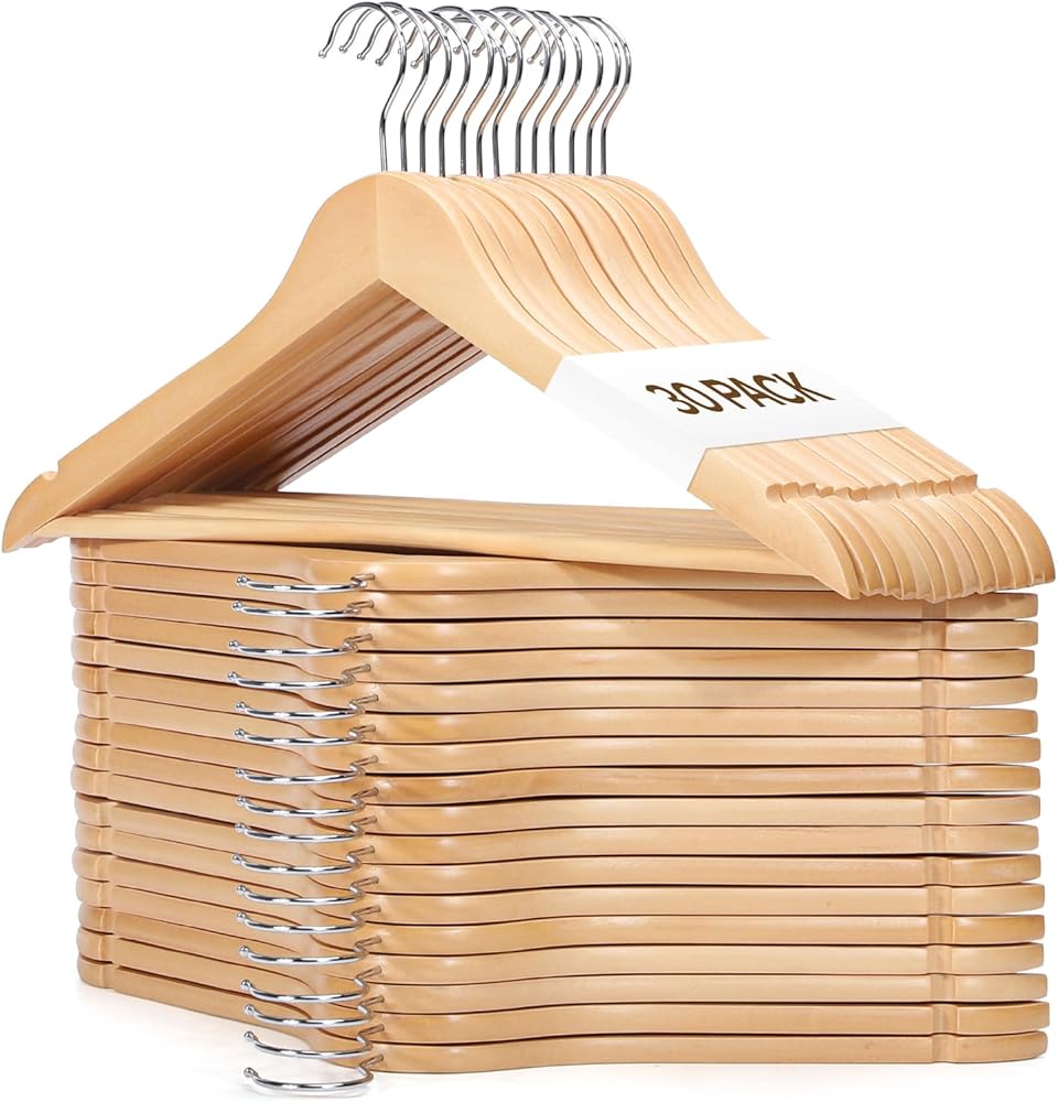 Ceecysaa Wooden Coat Hangers 30 Pack,Natural Solid Wood Hangers with Non Slip Pants Bar,360°Swivel Hook Clothes Hangers for S