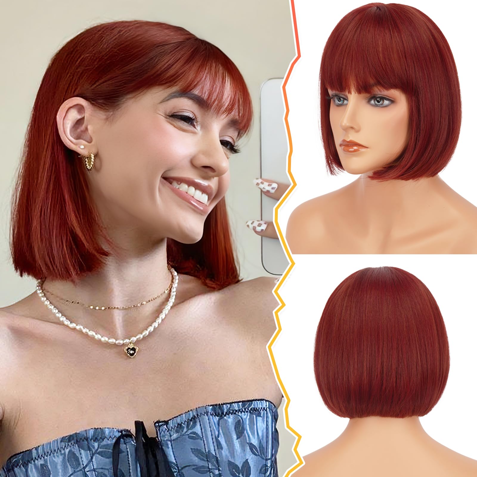 BARSDAR Copper Red Straight Bob Wig With Bangs, Heat Resistant Synthetic Wig - 12 Inch, Daily Party, Halloween