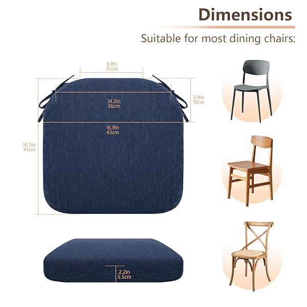 C-HOPETREE INDOOR OUTDOOR DINING CHAIR CUSHIONS WITH TIES, SEAT PADS FOR KITCHEN WITH WASHABLE COVER AND NON-SLIP BOTTOM, HIGH-RESILIENT FOAM, WATERPROOF, 17″ X 16″ X 2″, NAVY BLUE, SET OF 8