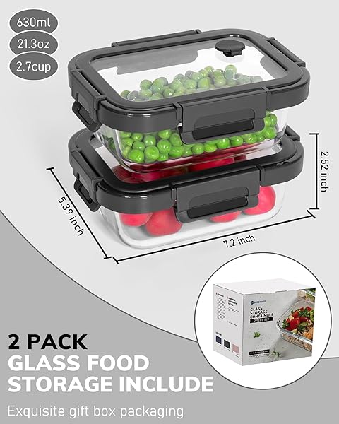 BOROHOUSE 2-PACK GLASS FOOD STORAGE CONTAINERS WITH TEMPERED LIDS (630ML/2.7CUP) – AIRTIGHT SNAP LOCK, MICROWAVE & OVEN SAFE (-4℉~ 950°F), FREEZER TO BAKING DISH, BPA-FREE, GIFT BOX (GRAY)