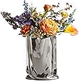 BLOFLO Silver Ceramic Modern Vase Crinkle Fold Paper Bag Handmade Ceramic Vase, Creative Flower Arrangement Ornaments, Decorative Vases for Home Decor, Mantel, Living Room Decoration (Silver)
