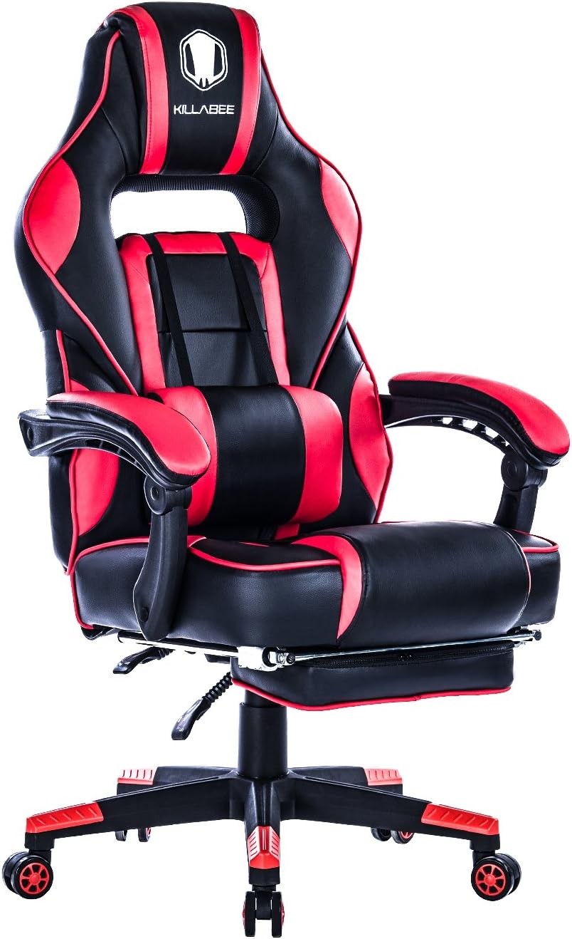 KILLABEE Reclining Racing Gaming Chair - Ergonomic High-Back Office Computer Desk Chair with Retractable Footrest and Adjustable Lumbar Cushion, Red&Black