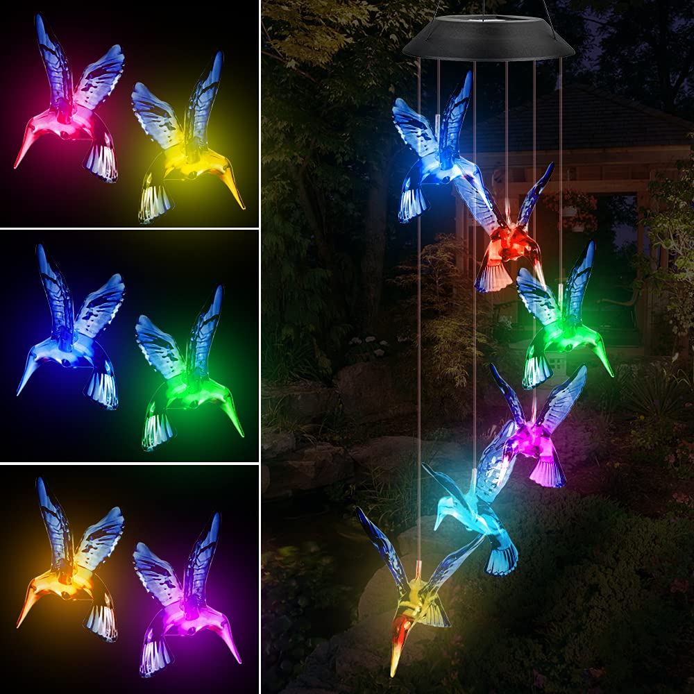 Solar Wind Chimes, LED Wind Chime Hummingbird Colour Changing Solar Mobile Wind Chime Waterproof Indoor Outdoor for Garden Decoration Patio Porch Terrace Yard Party