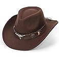Western Cowboy Hat for Women Men, Rolled-Up Felt Fedora Cowgirl Hat with Buckle-Belt, Turquoise-Band, Bling-Star S/M
