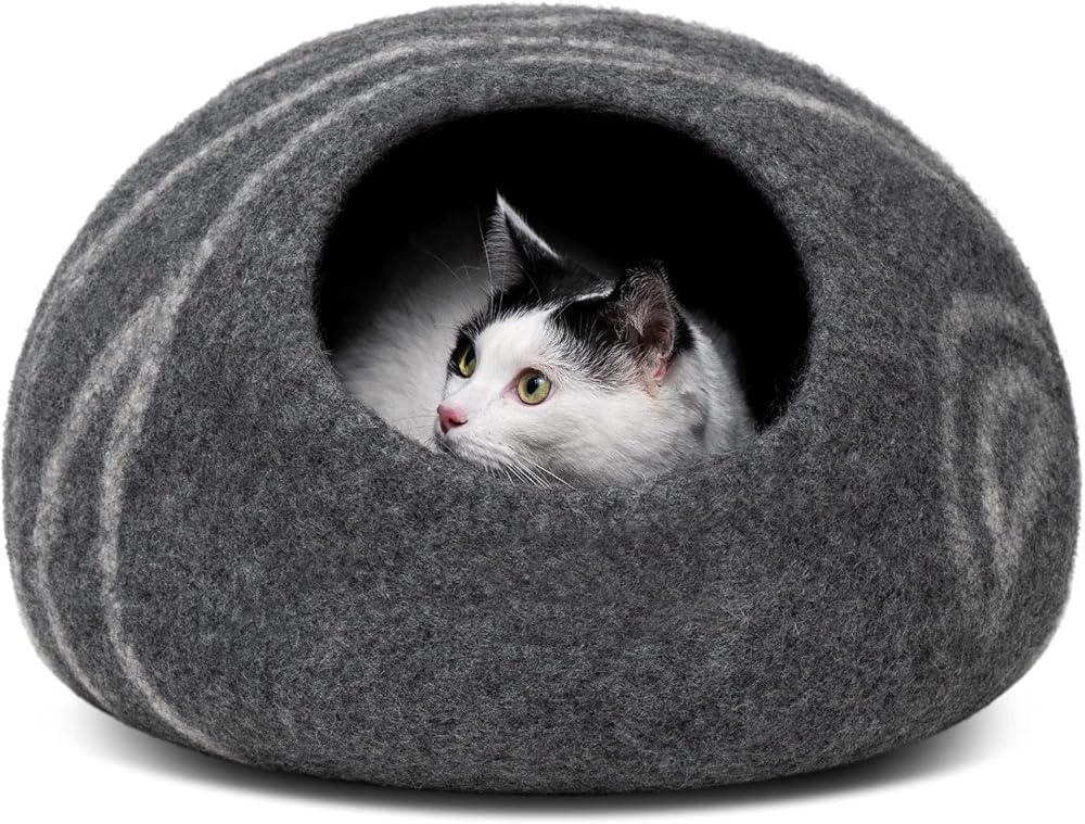 MEOWFIA Cat Cave Premium Felt Bed Dark Grey Medium Merino Wool