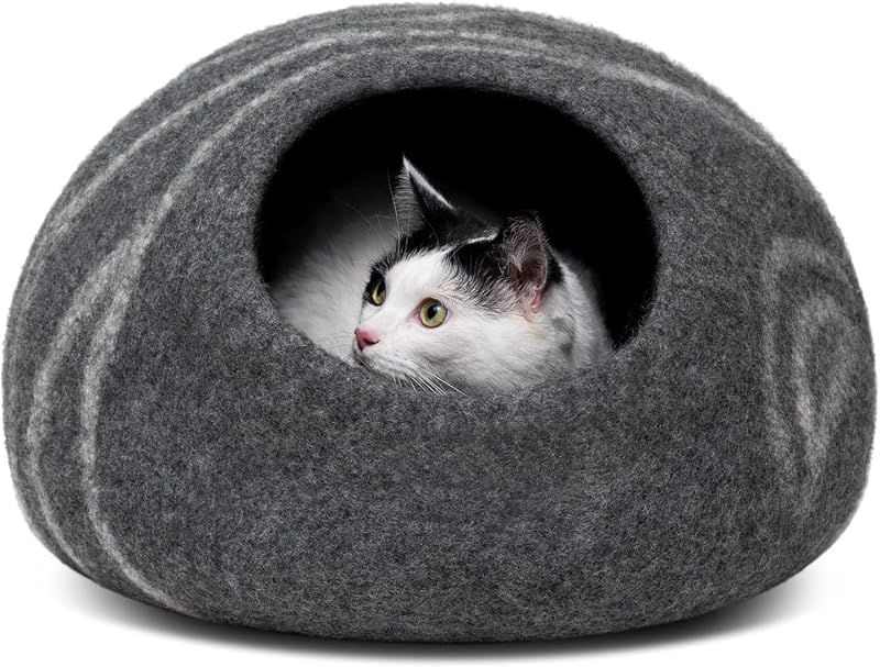 MEOWFIA Cat Cave Premium Felt Bed Dark Grey Medium Merino Wool