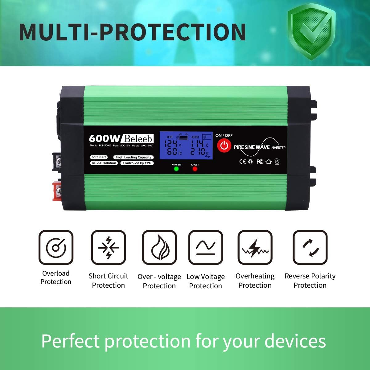 Beleeb 600W Pure Sine Wave Inverter, DC 12V to AC 110V Power Inverter with LCD Display, Dual USB Ports and 2 AC Outlets: Car Electronics