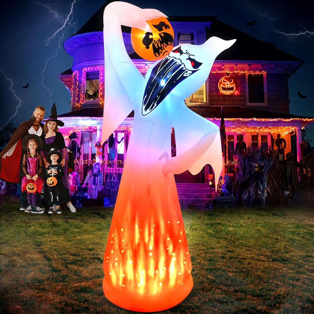 Photo 1 of 10 FT Halloween Inflatables Ghost with Pumpkin Decoration, Built in Flame Rotation LEDs Huge Halloween Inflatable Large Spooky Blow Ups Halloween, Party, Indoor, Outdoor, Garden, Yard Lawn