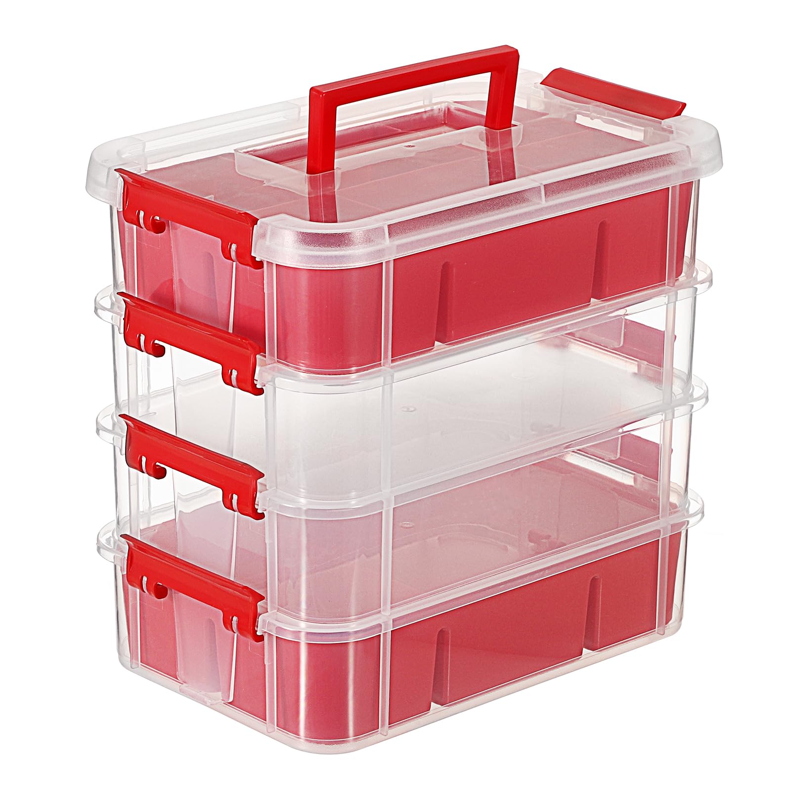 Photo 1 of JUXYES 4-Tiers Stack Carry Storage Box With 2 Divided Tray, Transparent Stackable Storage Bin With Handle Lid Latching Storage Container for School & Office Supplies, Red