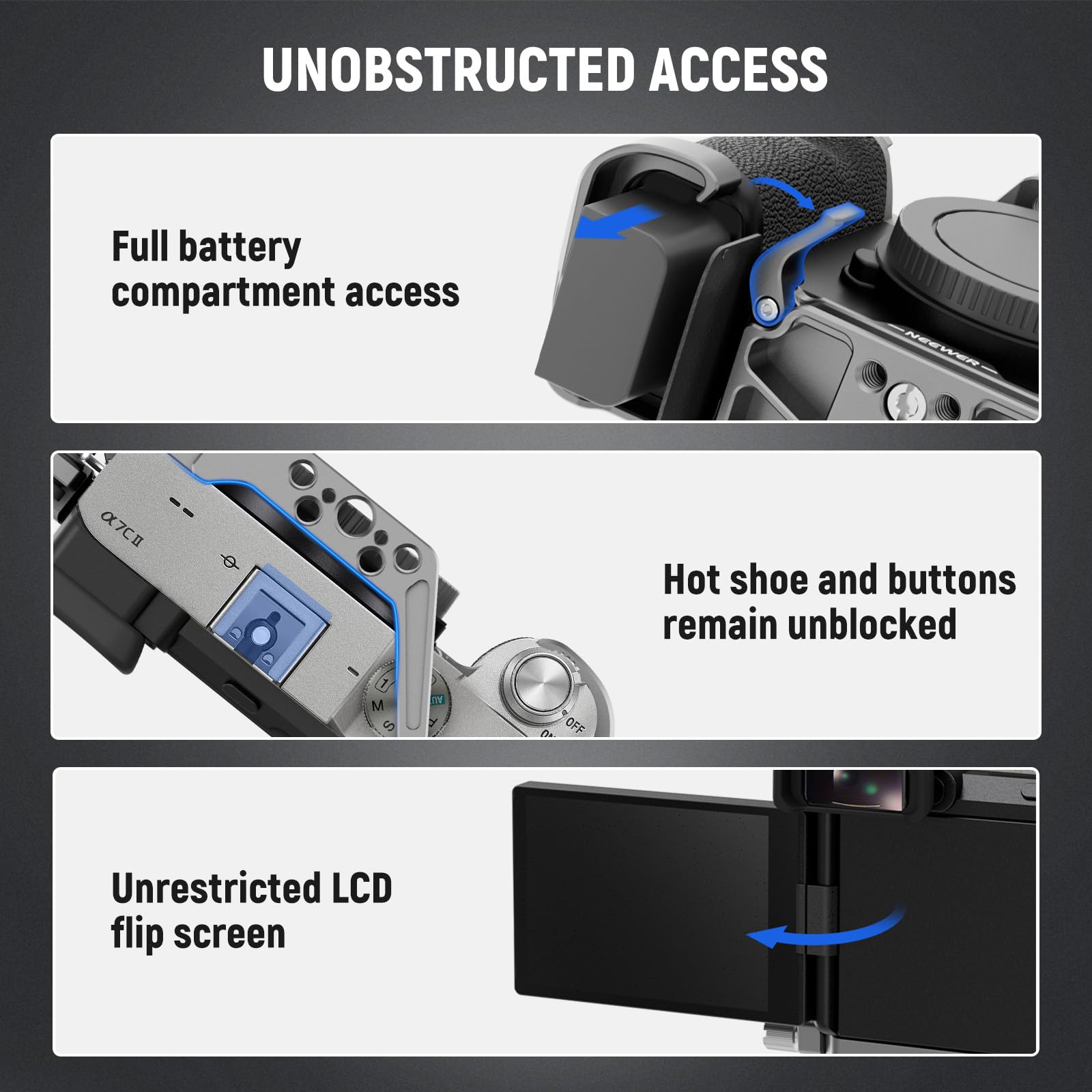 NEEWER A7C II A7CR Camera Cage, Aluminum Video Rig with QR Base Arca Type Anti Slip Compatible with Sony DJI RS Gimbal, HDMI Cable Clamp, NATO Rail, Cold Shoe 3/8