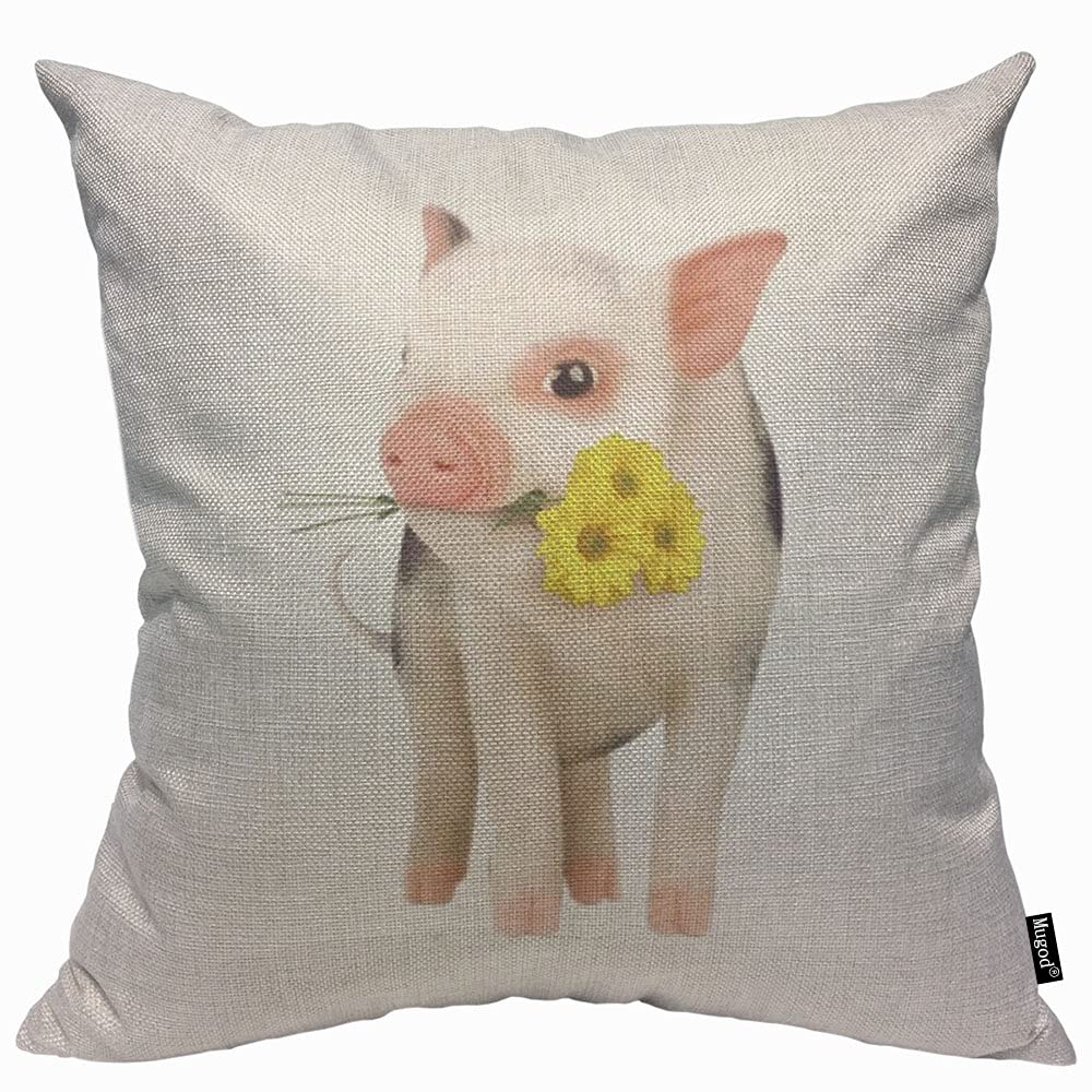 Mugod Pink Pet Cushion Cover Throw Pillow Covers Miniature Pig Yellow Daisy on White Background Pillow Case for Men Women Decorative Home Sofa Chair Couch 45x45cm/18x18 Inch