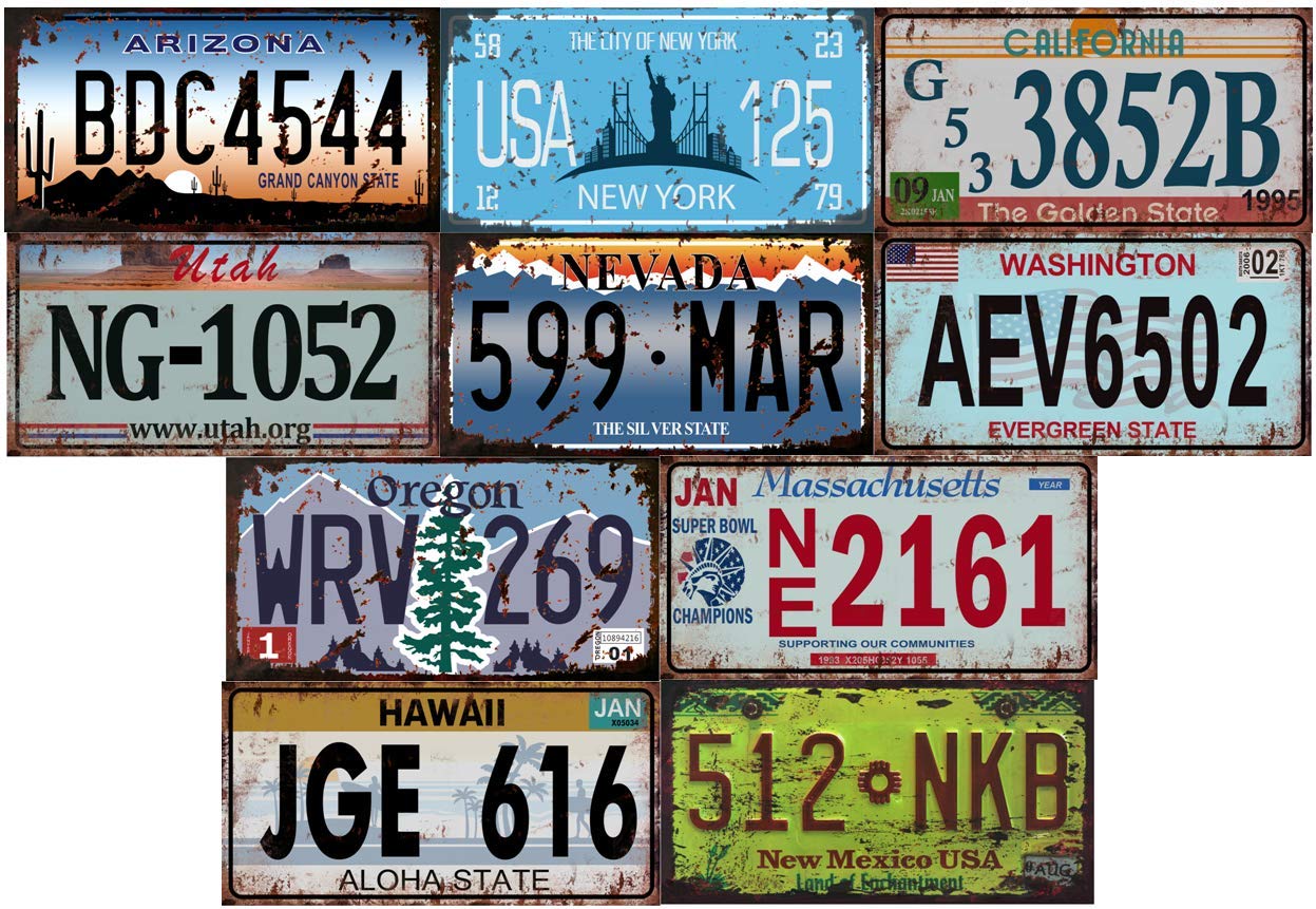 - Set of 10 USA car registration plates in metal - with aged effect - replicas of real American plates (Old1 + Old2)
