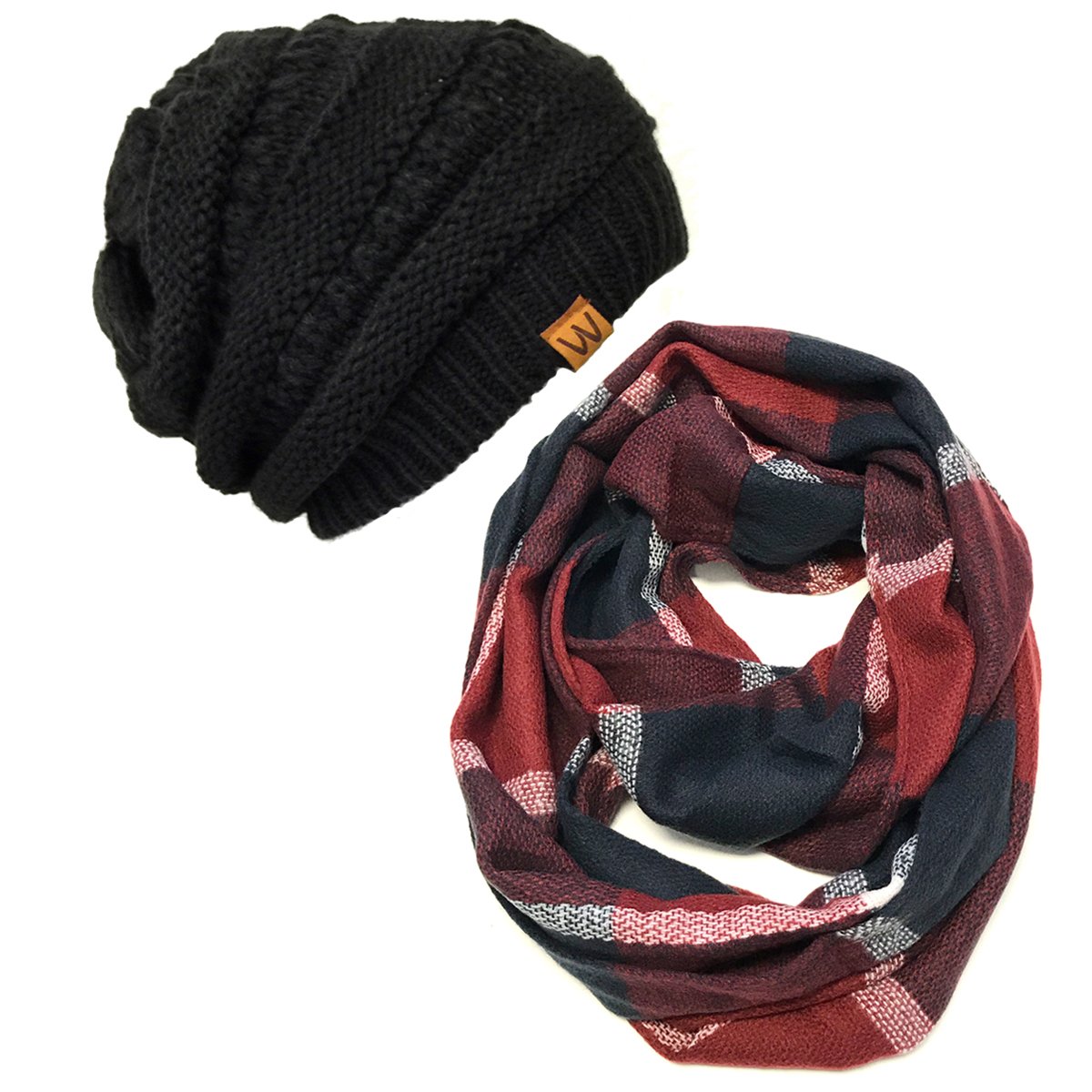 Wrapables Plaid Print Winter Infinity Scarf and Beanie Hat Set, Navy and Wine Wrapables Plaid Print Winter Infinity Scarf and Beanie Hat Set, Navy and Wine