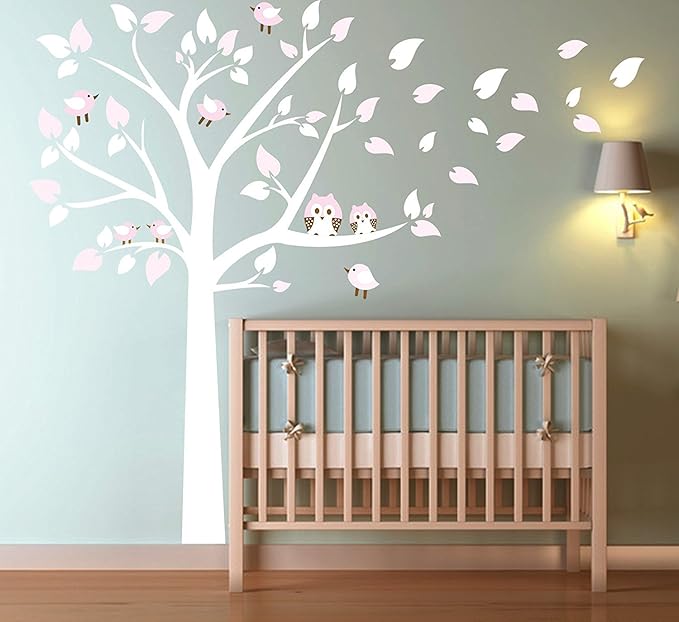 Aiyang Blanc Arbre Mur Autocollant Hibou Oiseau Stickers Muraux Pour Bebe Les Enfants Pepiniere Chambre Mur Art Deco Rose Bazis Az