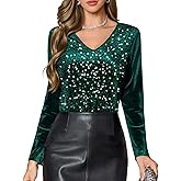 DRESSTELLS Womens Sequin Velvet Holiday Tops Glitter Sparkly Party Blouse Long Sleeve Christmas V-Neck Winter Shirts