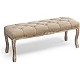 Cozyman Bedroom Bench, French Vintage Tufted Entryway Bench, 45.2" Carving Upholstered End of Bed Bench with Distressed Wood Legs, Linen Ottoman Bench Seat for Living Room, Foyer, Dining Room, Wheat