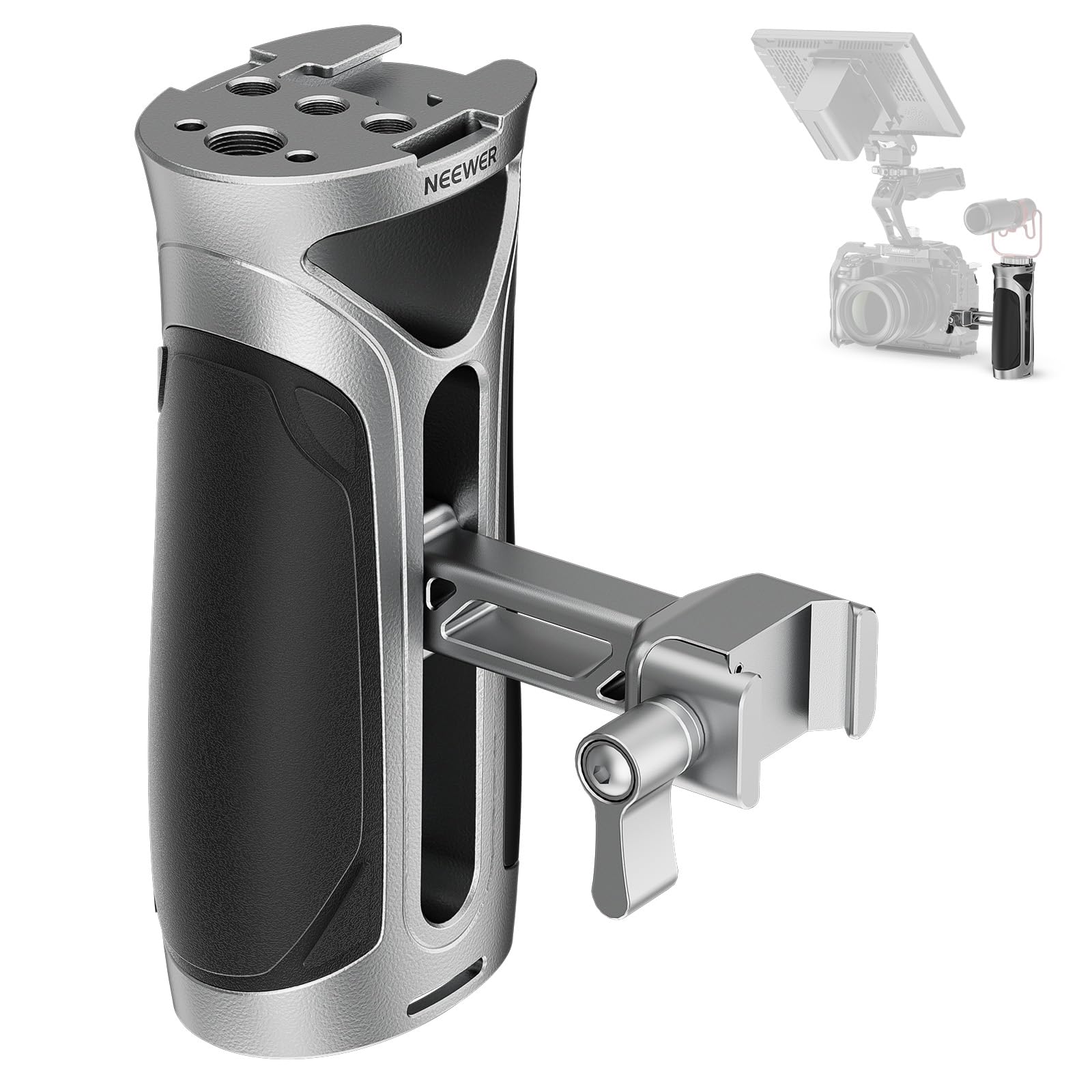 Neewer Side Handle with NATO Clamp, Aluminum Alloy Quick Release Side Handgrip with 1/4" & 3/8" Threads, Cold Shoe, 2"/5cm Vertical Adjustment, Compatible with SmallRig Camera Cage, Silver, CA125