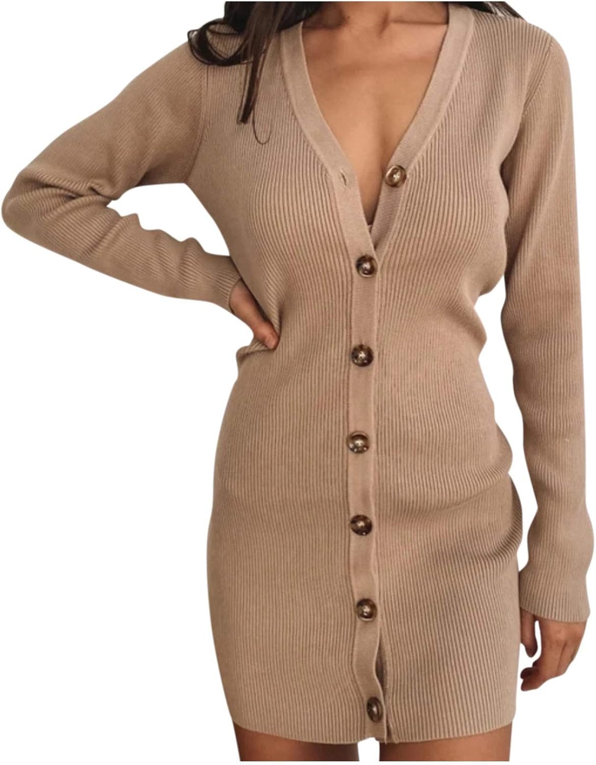 Damen Strickkleid Elegant Mit V-Ausschnitt - Langarm Pulloverkleid Böhmisch Gestreift