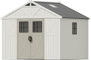 Patiowell 10 x 8 FT Outdoor Storage Shed, Plastic Shed with Floor and Skylight, Resin Storage Shed with Four-Window and Lockable Door for Garden, Patio, Backyard, Beige