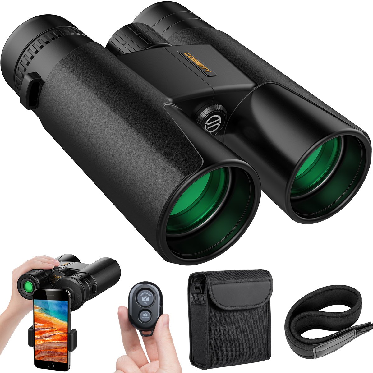 COSBITY Binoculars for Adults, 12x42 Low Night Vision Binoculars Telescopes with Cell Phone Photography Adapter and Wireless Camera Shutter Remote Control for Bird Watching/Hunting/Camping/Travelling
