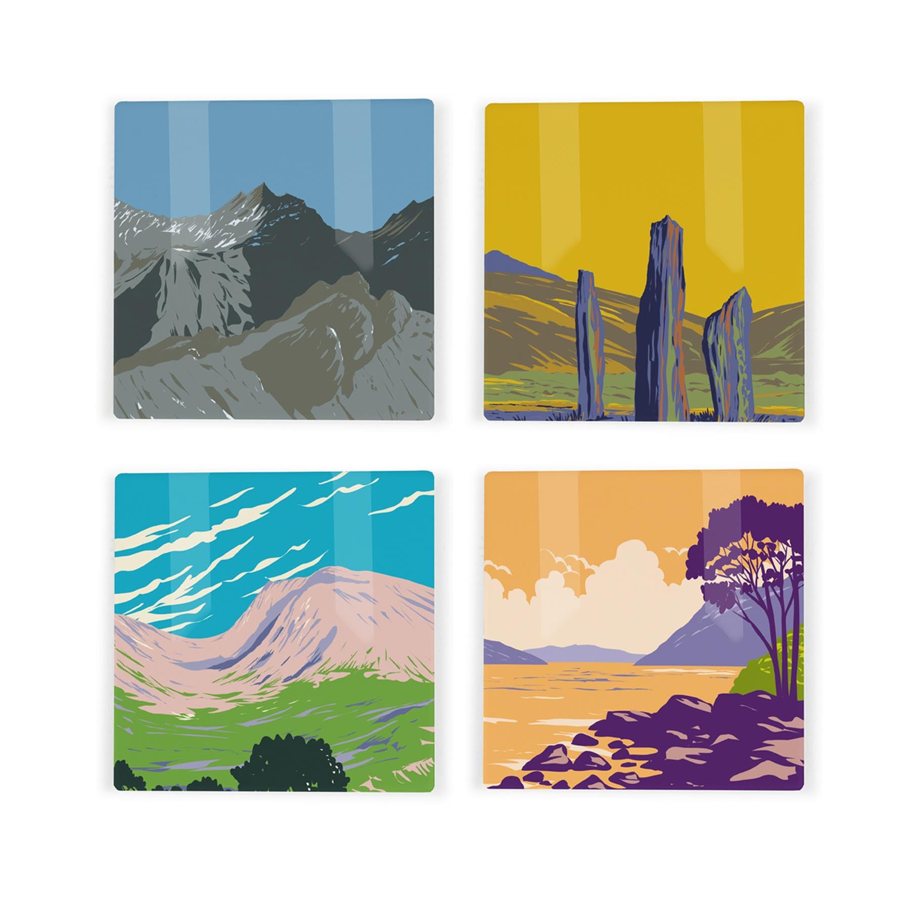 Scotland Ceramic Coaster Set - UK Scottish Landmarks/Landscapes Square Set of Four (4) Coasters Gift