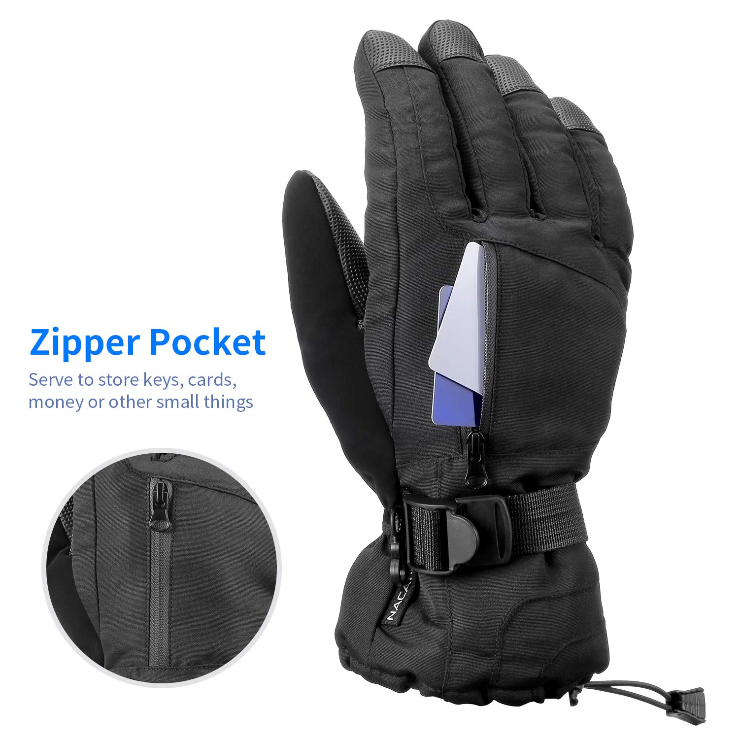 NACATIN Snowboard Gloves,Ski Gloves with Pocket Waterproof for Mens Womens,Thermal Warm Gloves 3M Thinsulate Insulated with Zipper for Winter Snowboard Cycling Snowmobile(Black)