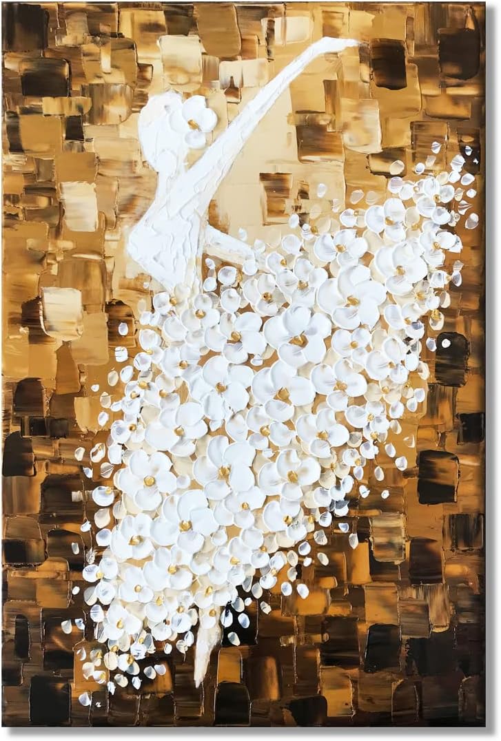 Paintings - Paimuni Ballet Girl Oil Painting Dancer in Floral Dress 3D Texture Palette Knife Hand Painted Abstract Canvas Modern Home Decor Wall Art Picture Ready to Hang 24x36 Inch