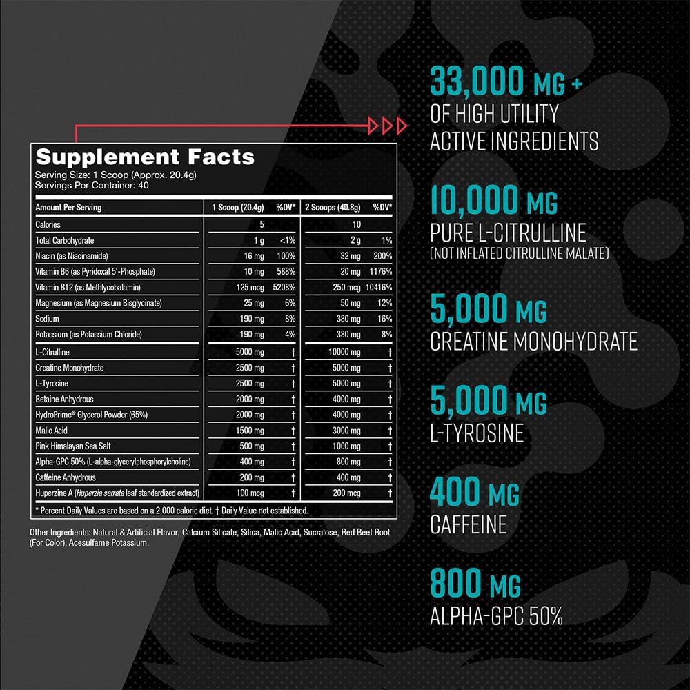 Gorilla Mind Pre Workout - Massive Pumps Laser Focus Energy Power - L-Citrulline, Creatine, L-Tyrosine, Betaine, Hydroprime, Alpha-GPC, 400mg Caffeine, Huperzine A 800g (BlackBerry Lemonade)