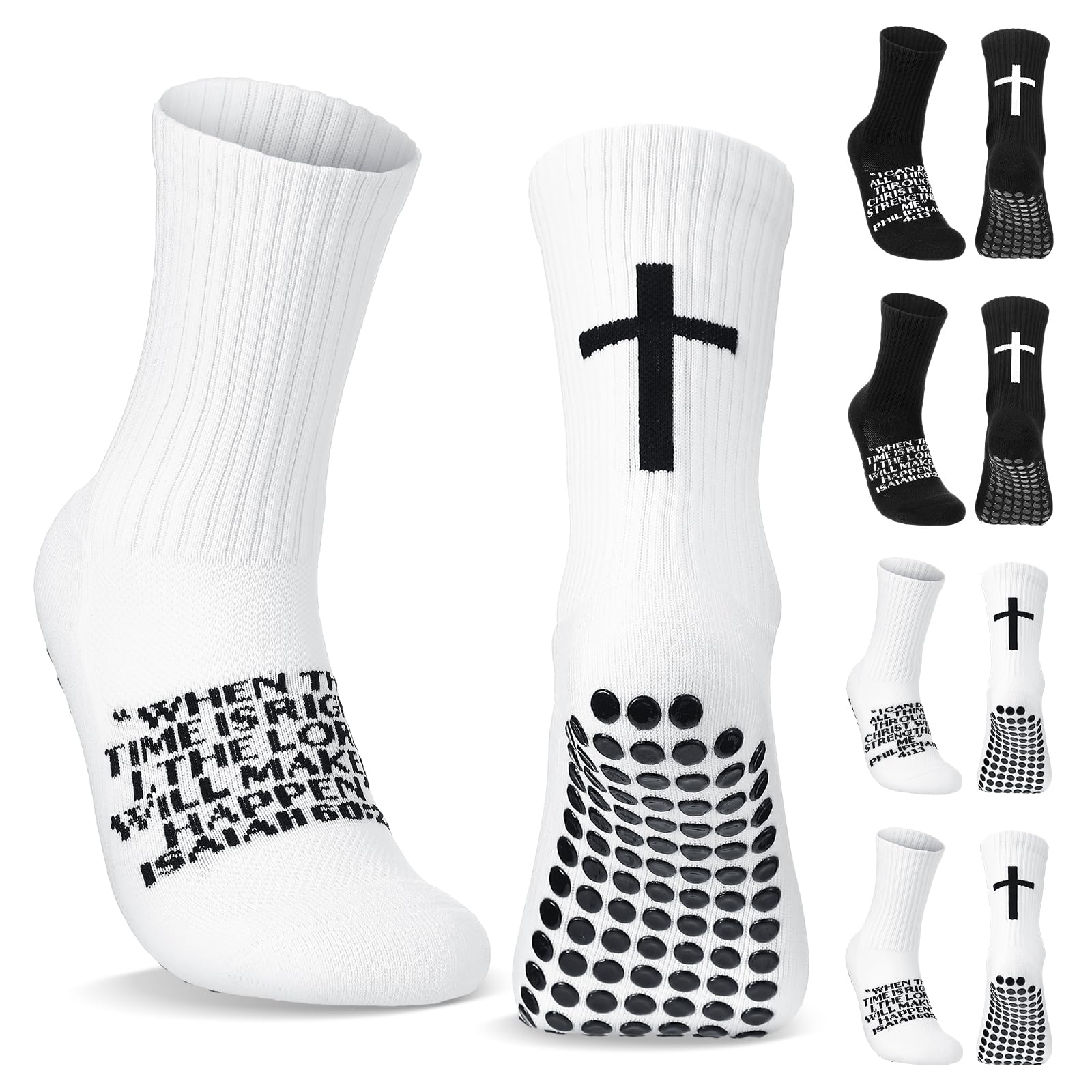Photo 1 of Christian Grip Cross Socks Anti Slip Religious Soccer Socks Bible Verse for Football Sport(White,Isaiah 60:22)