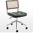 Zesthouse Mid Century Home Office Chair, Armless Swivel Desk Chair with Rattan Back & Adjustable Height, Upholstered Faux Leather, Green