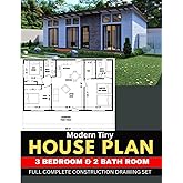 Modern Tiny House plan 3 Bedroom & 2 Bathroom with 841 Square feet: Full Complete Construction Drawing Set