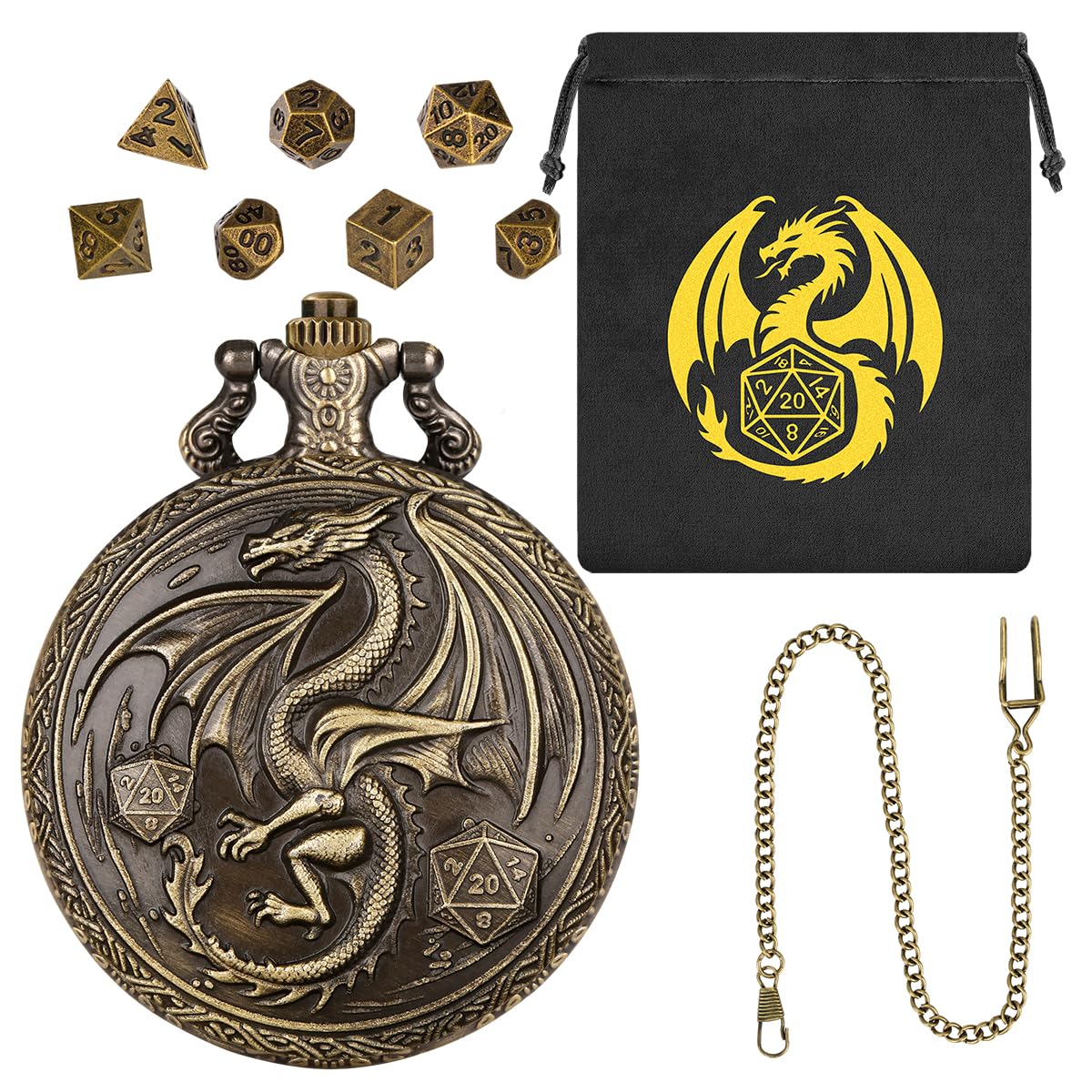 Mini DND Dice Set, with Steampunk Winged Dragon Pocket Watch Shell Case, 7-Piece Polyhedral Metal D&D Dice, DND Gift Bag with Dragon Logo, MTG, Role Play Board Game Accessories, Bronze — image 1