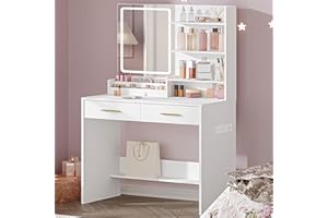 Hzuaneri Vanity Desk with Mirror and Light, Makeup Vanity with Power Outlet, Open 3 Storage Shelves and 2 compartments, 3 Col