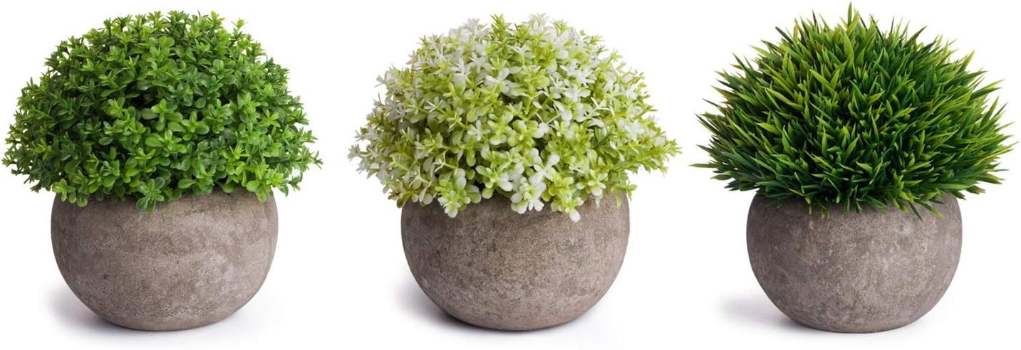 MoonLa Artificial Plants Potted Faux Fake Mini Plant Greenery Green Grass Flower Topiary Shrubs In Gray Pot for Bathroom Home House Decor (Set of 3) -