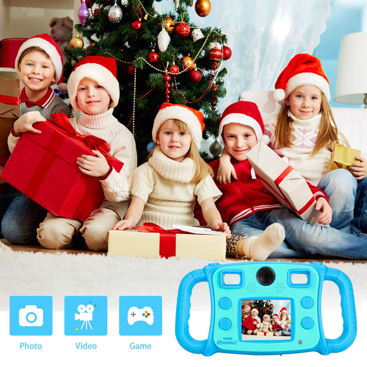 Prograce Kids Camera Dual Selfie Camera 1080P HD Video Recorder Digital Action Camera Camcorder for Boys Girls Gifts 2.0” LCD Screen with 4X Digital Zoom and Funny Game(Blue)