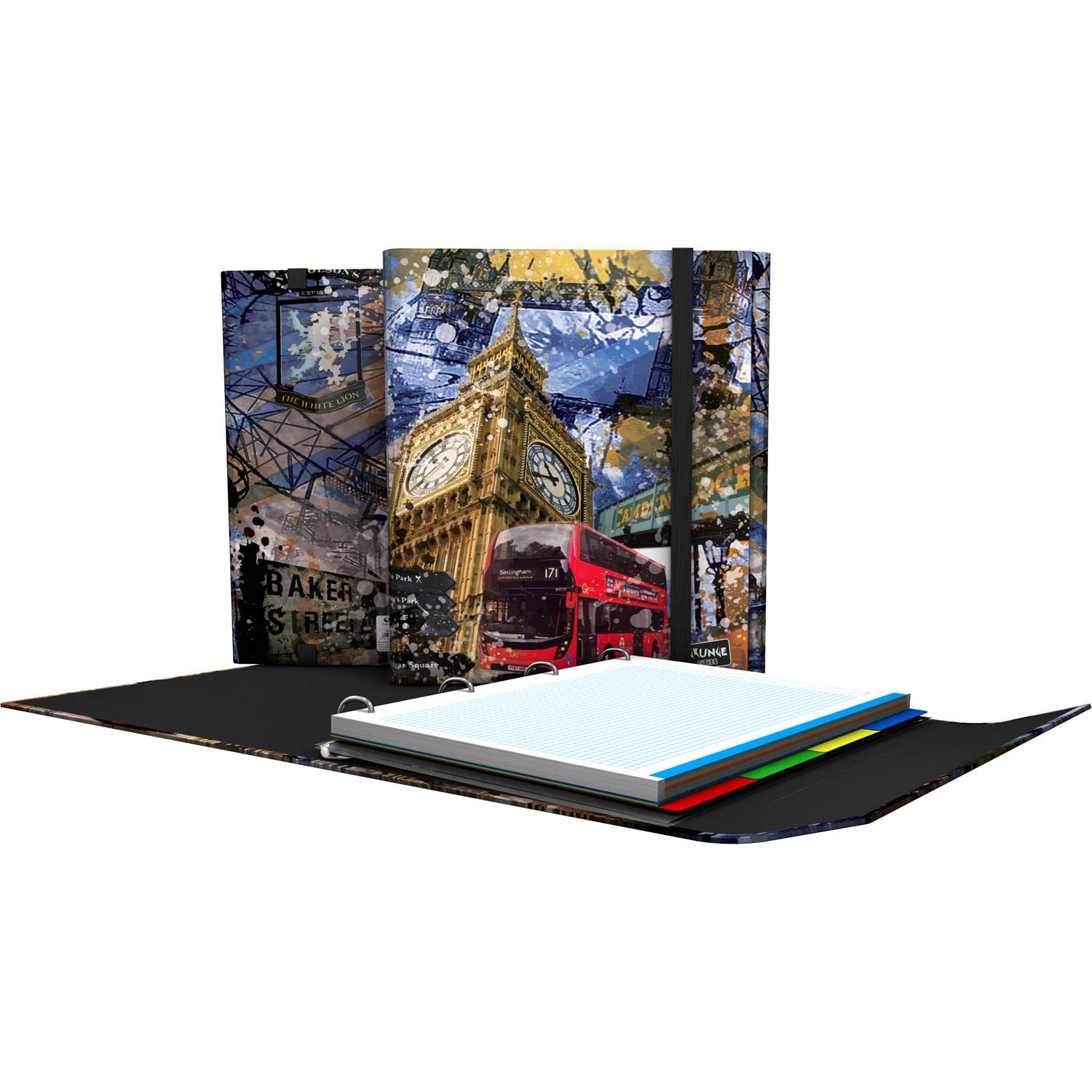 Grafoplás 88212645. 4 Ring Folder with Flap, A4, Rubber Closure, Includes Refill and Separators, Carpeplus, Grunge Cities Collection, London