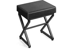 YBING Black Vanity Stool, PU Leather Ottoman Stool Chair for Vanity, Metal X-Legs, Square Ottoman Foot Rest 18 Inch High, Foo