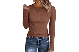 APOFER Womens Long Sleeves Ribbed Knit Tunic Shirts Scoop Neck Button Down Tops Casual Henley Tee Shirt Slim Fit Blouses