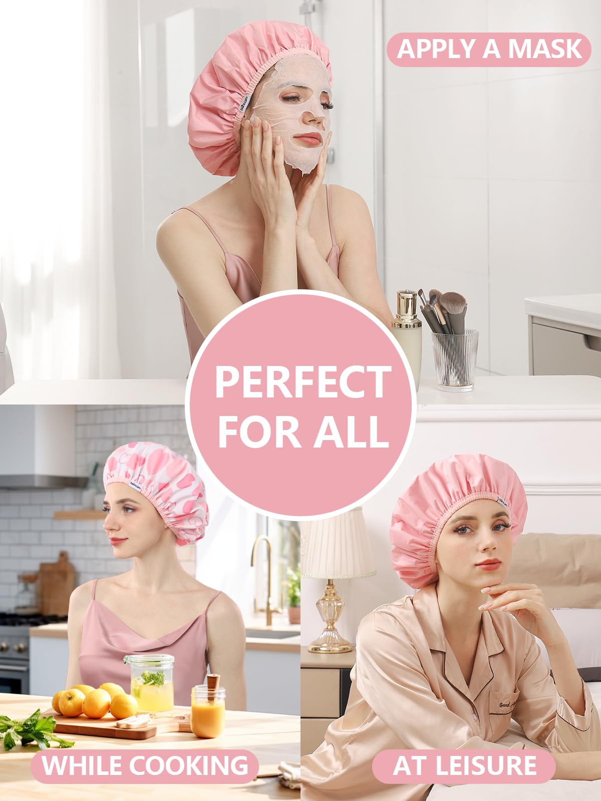 Years Calm Shower Caps For Women Reusable Waterproof，Pattern And Solid Color Dual-Layer Design For Dual-Layer Usable，Protects Hair In Shower, Spa, Cooking, Clean & Travel (Pink, One Size)