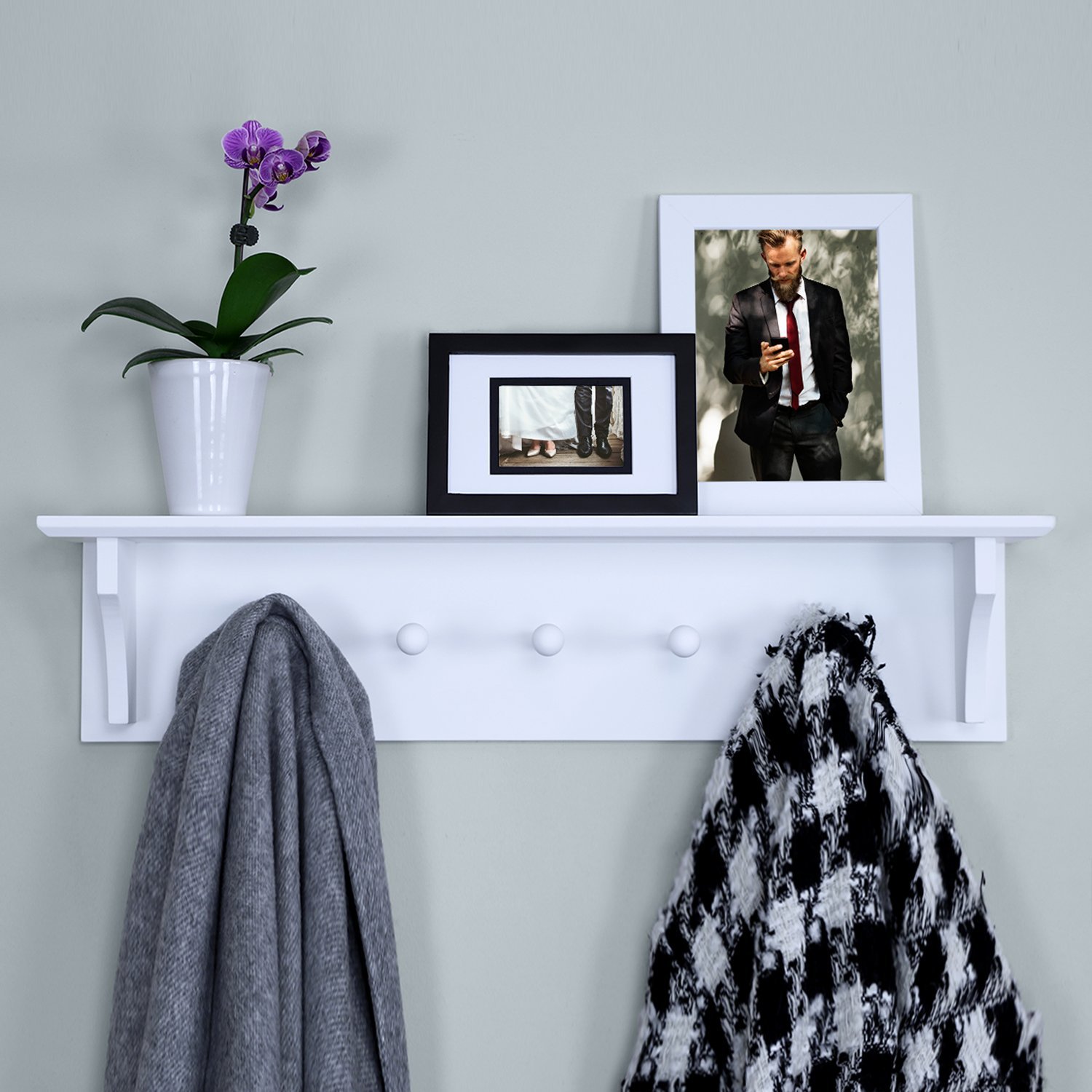Photo 1 of Ballucci Floating Coat and Hat Wall Shelf Rack, 5 Pegs Hook, 24", White