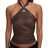 PURFUN Punk Brown PU Leather Bustier Crop Top, Women Halter Neck Adjustable Low Back Camisole Camis Rave Night Club Vest