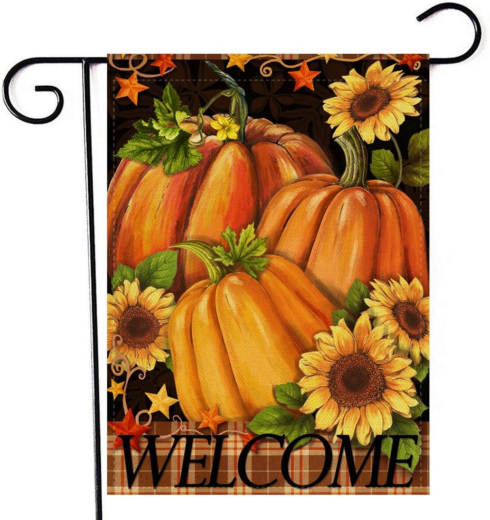 Artofy Pumpkins Home Decorative Welcome Fall Garden Flag, Autumn House Yard Outside Small Flag Double Sided Plaid Sunflowers Seasonal Decor, Thanksgiving Farmhouse Outdoor Decorations 12 x 18