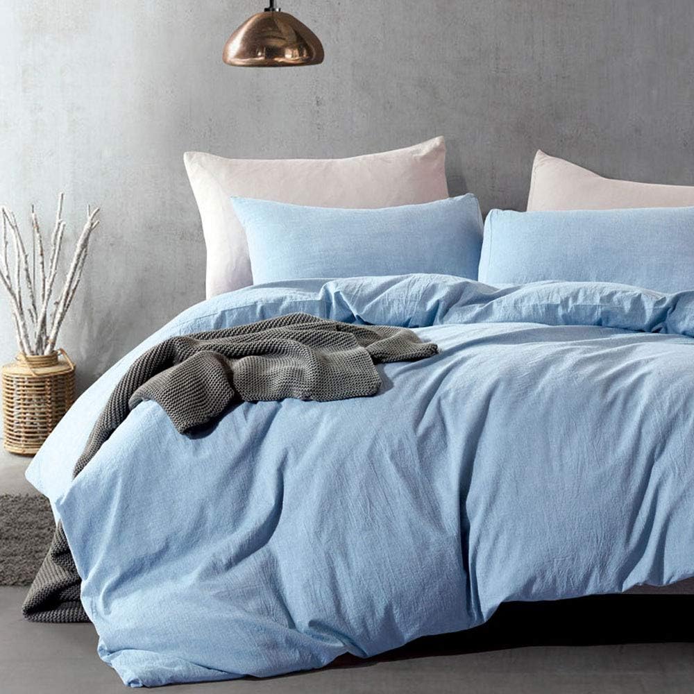 ATsense Duvet Cover Queen, 100% Washed Cotton, Bedding Duvet Cover Set, 3-Piece, Ultra Soft and Easy Care, Simple Style Farmhouse Comforter Cover Set (Light Blue Y7002-5)