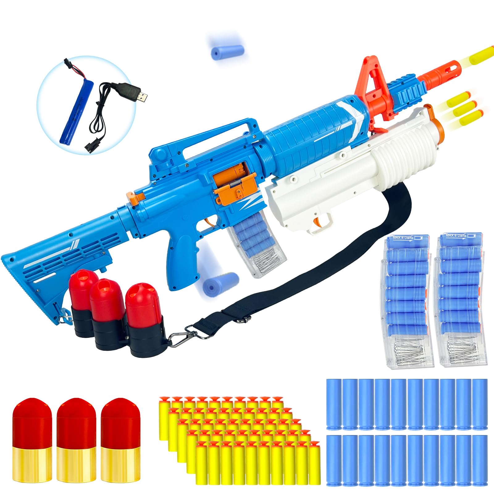 ZONZTER Toy Gun, Electric Soft Bullet M16 Models Foam Blasters, Shell Ejecting Toy Gun, 3 Grenade Bullets Auto/Manual Modes, Elastic Band with Grenade Launcher for Boys Girls Age 8+ - Blue