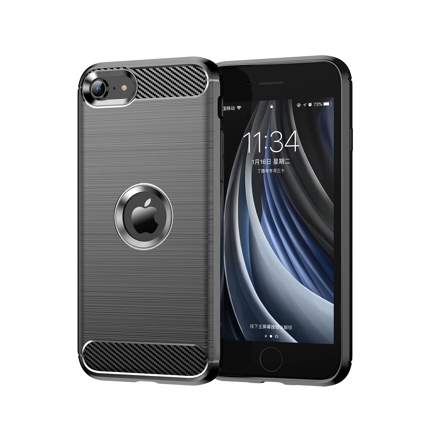 for iPhone SE 2022 Phone Case SE3 5G Case, iPhone 8 Case, iPhone 7 Case, Ultra-Thin Carbon Fiber Texture Cover Flexible Silicone Bumper Soft TPU Rubber Shockproof Slim Protective Case, Black